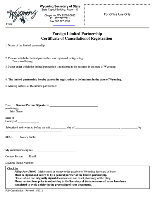 Fillable Foreign Limited Partnership Certificate Of Cancellation Of Registration - Wyoming Secretary Of State - 2012 Printable pdf