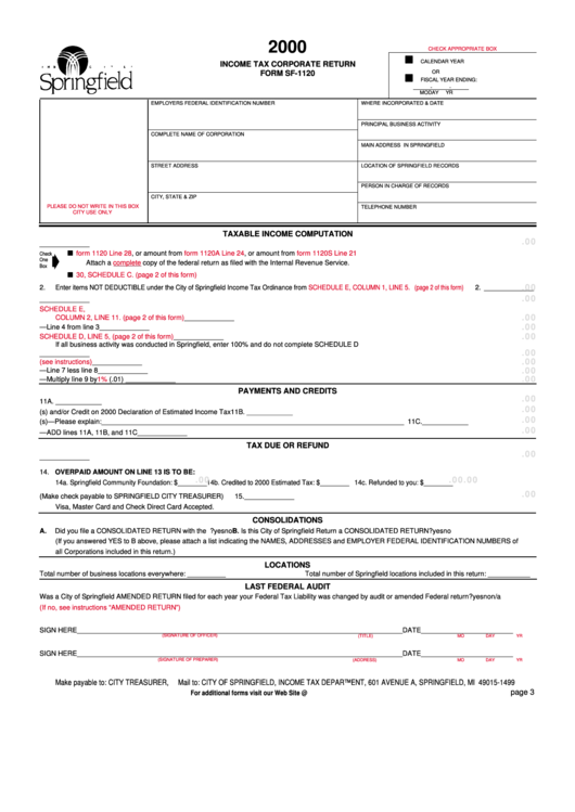 Form Sf-1120 - Income Tax Corporate Return - 2000