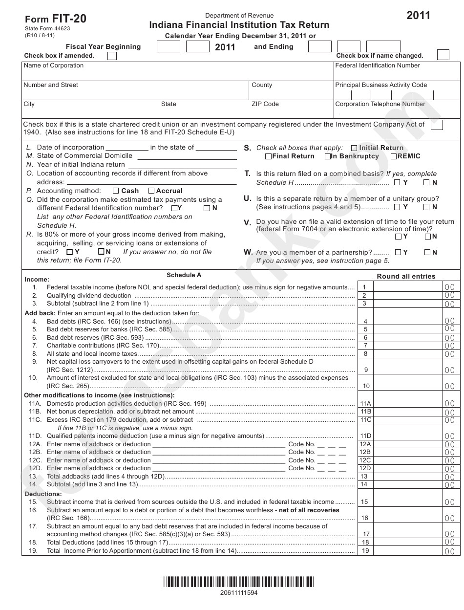 Form Fit20 Indiana Financial Instructions Tax Return Indiana