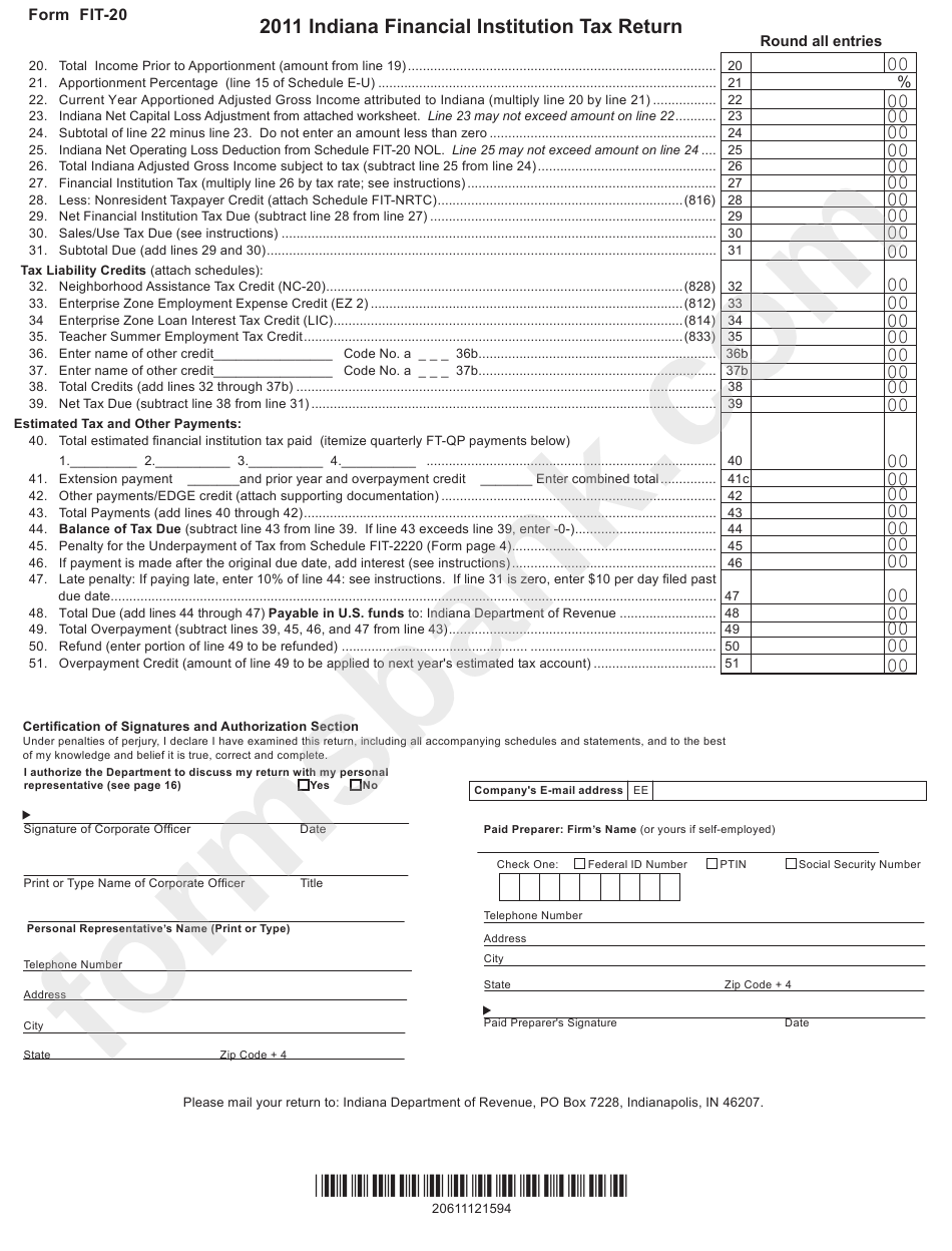 Form Fit-20 - Indiana Financial Instructions Tax Return - Indiana Department Of Revenue