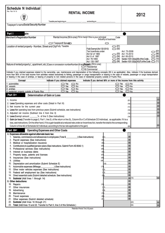 Schedule N Individual - Rental Income 2012 Printable pdf