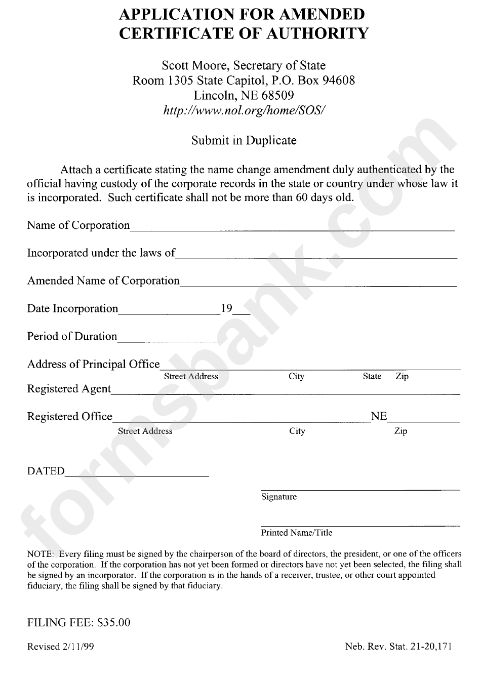 Application For Amended Certificate Of Authority - Nebraska Secretary Of State