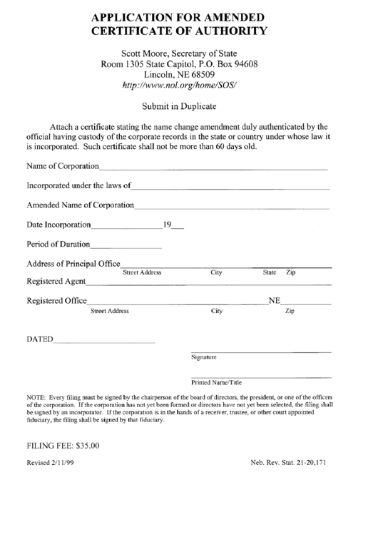 Application For Amended Certificate Of Authority - Nebraska Secretary Of State Printable pdf