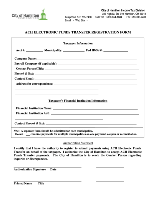 Ach Electronic Funds Transfer Registration - City Of Hamilton Income Tax Division Form Printable pdf
