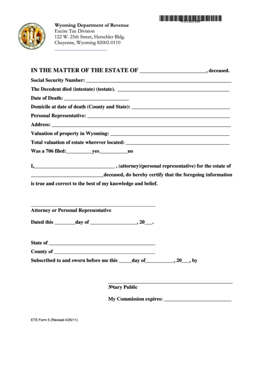 Form 5 - In The Matter Of The Estate Of A Deceased Person - Wyoming Department Of Revenue - Excise Tax Division Printable pdf