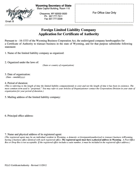 Fillable Foreign Limited Liability Company Application For Certificate Of Authority - Wyoming Secretary Of State Printable pdf
