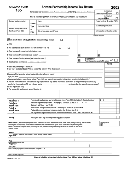 Arizona Form 165 - Arizona Partnership Income Tax Return - 2002 Printable pdf