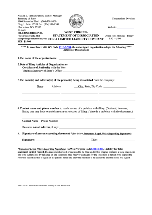 Fillable Form Lld-F-2 - West Virginia Statement Of Dissociation For A Limited Liability Company Printable pdf