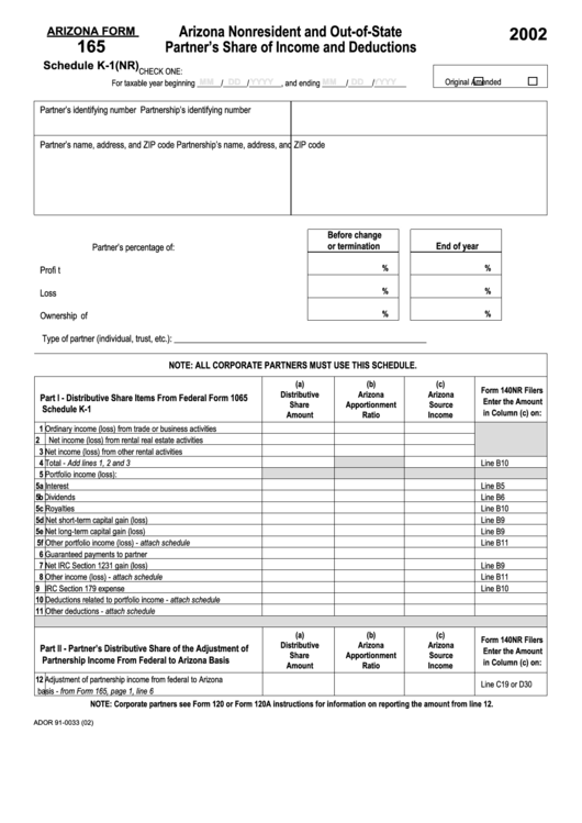 Form 165 - Schedule K-1(Nr) - Arizona Nonresident And Out-Of-State Partner
