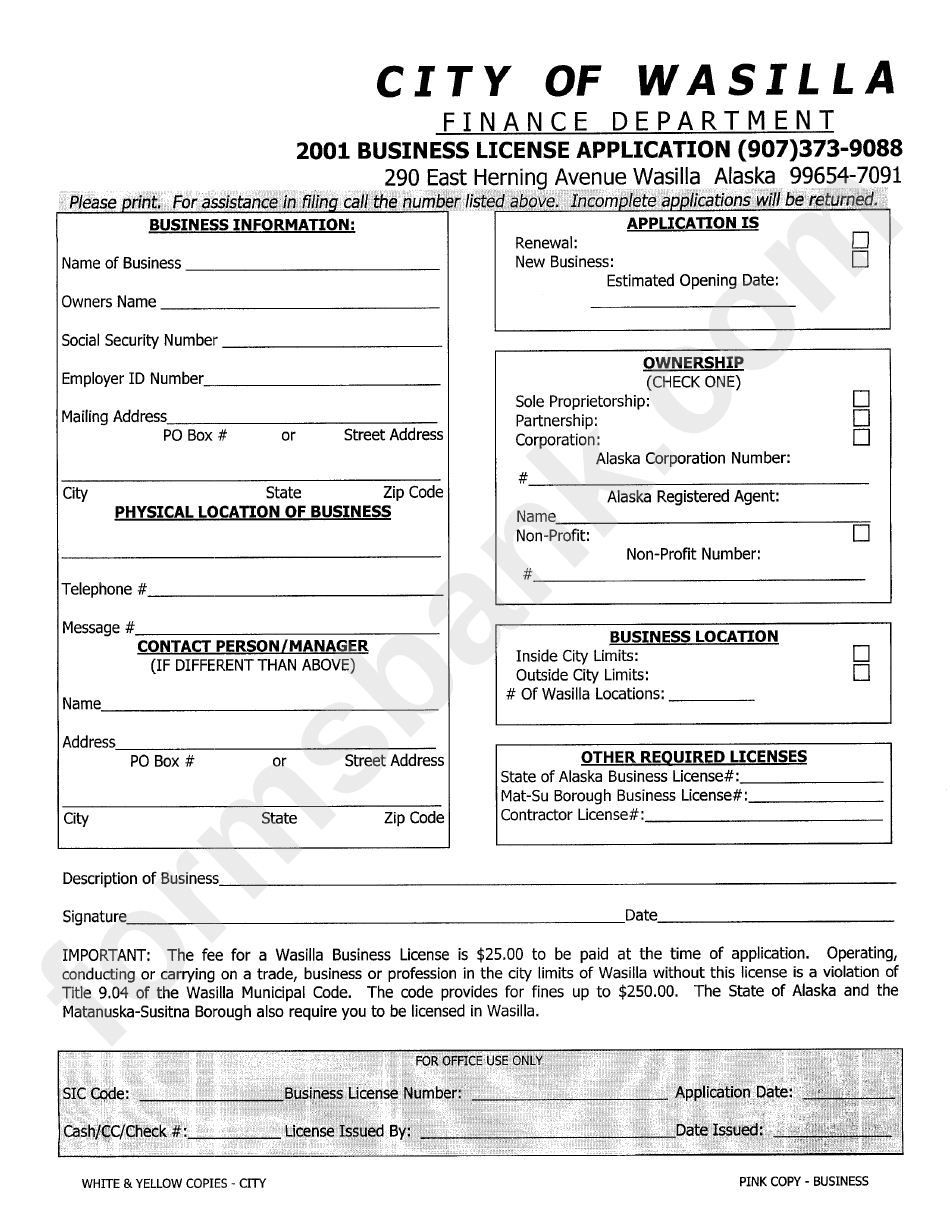2001 Business License Application - Alaska Finance Department