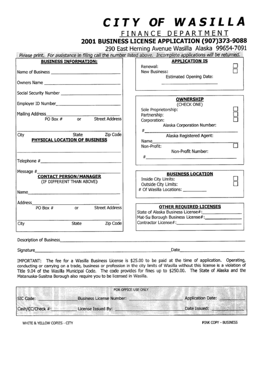 2001 Business License Application - Alaska Finance Department Printable pdf