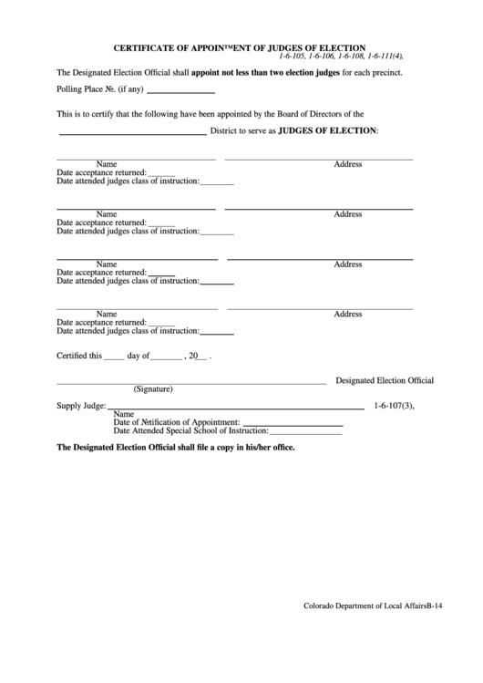 Form B-14 - Certificate Of Appointment Of Judges Of Election Printable pdf