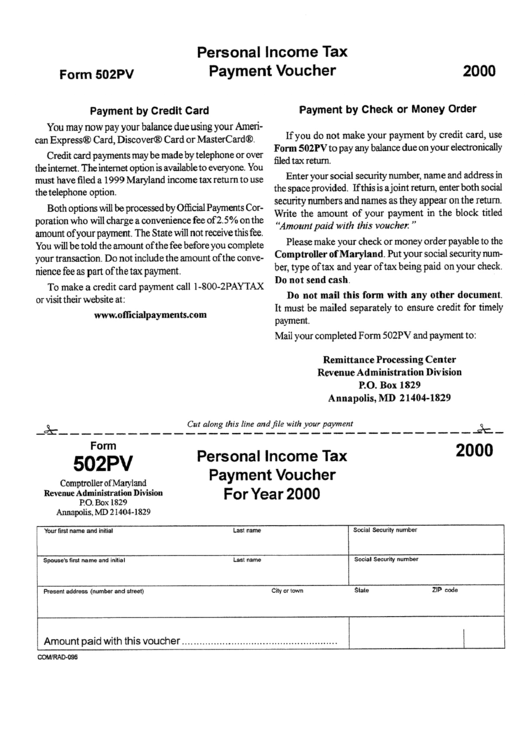Form 502pv - Personal Income Tax Payment Voucher - 2000