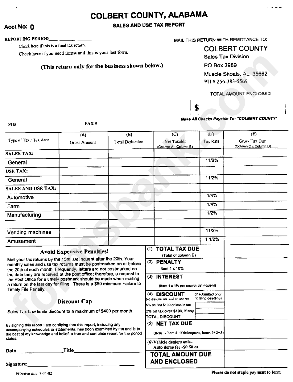Sales And Use Tax Report - Colbert County