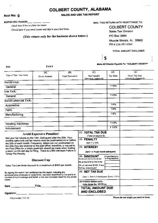 Sales And Use Tax Report - Colbert County Printable pdf