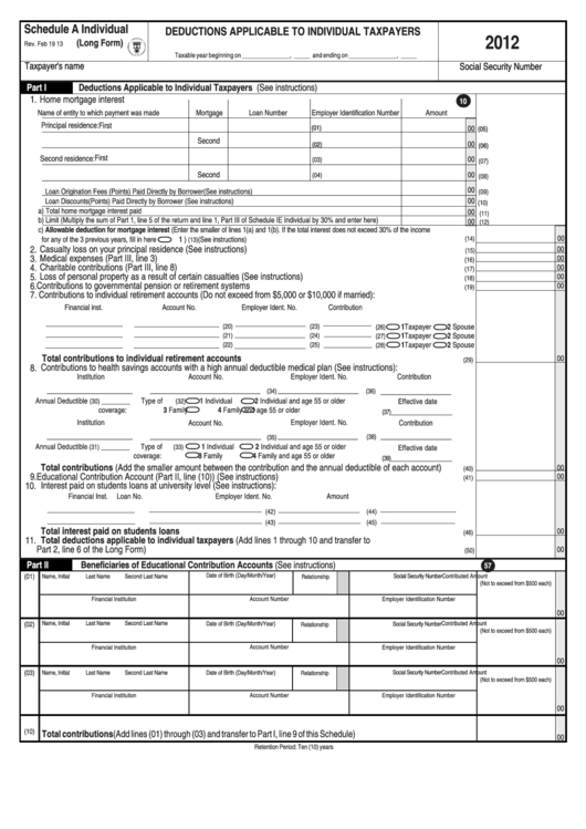 Long Form - Deductions Applicable To Individual Taxpayers - 2012 Printable pdf