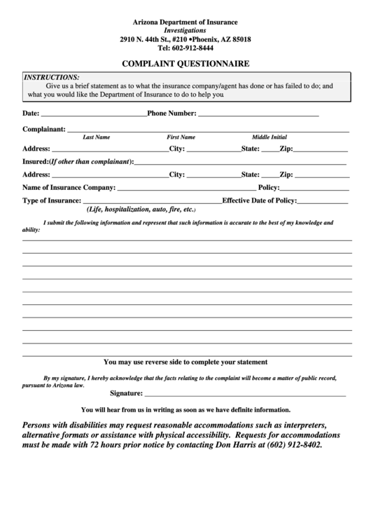 Complaint Questionnaire - Arizona Department Of Insurance Printable pdf