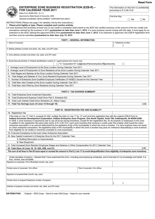 Fillable State Form 50469 - Enterprise Zone Business Registration (Ezb-R) - For Calendar Yaer 2011 Printable pdf