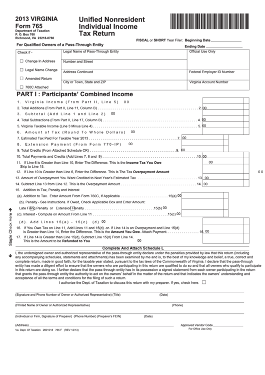Form 765 - Unified Nonresident Individual Income Tax Return - 2013 Printable pdf