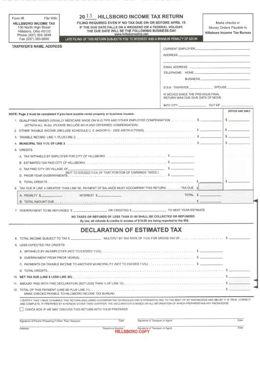 Form Ir - Hillsboro Income Tax Return 2013 Printable pdf