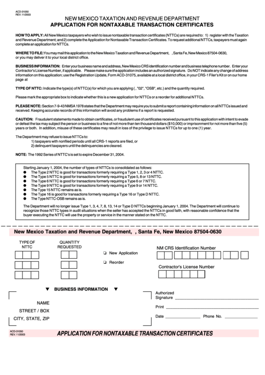 Form Acd-31050 - Application For Nontaxable Transaction Certificates - 2003 Printable pdf