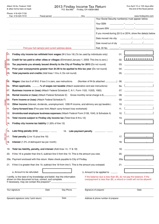 Fillable 2013 Findlay Income Tax Return Printable pdf