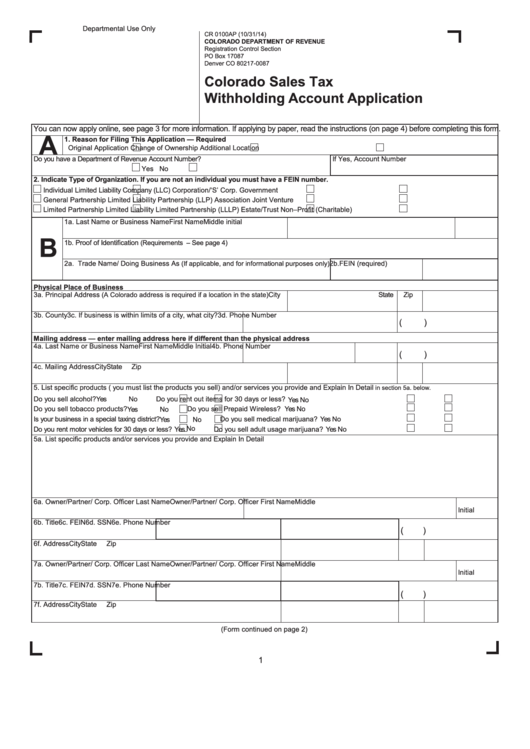 Fillable Form Cr 0100ap - Colorado Sales Tax Withholding Account Application - 2014 Printable pdf