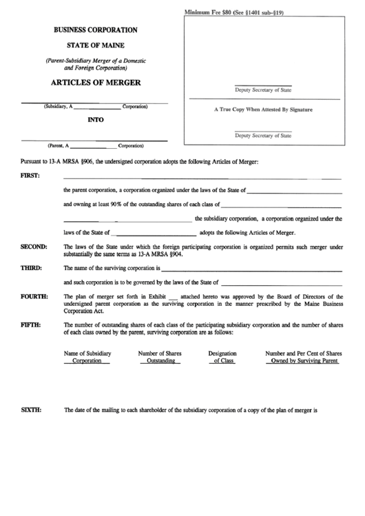 Form Mbca-I0d - Articles Of Merger - Maine Secretary Of State Printable pdf