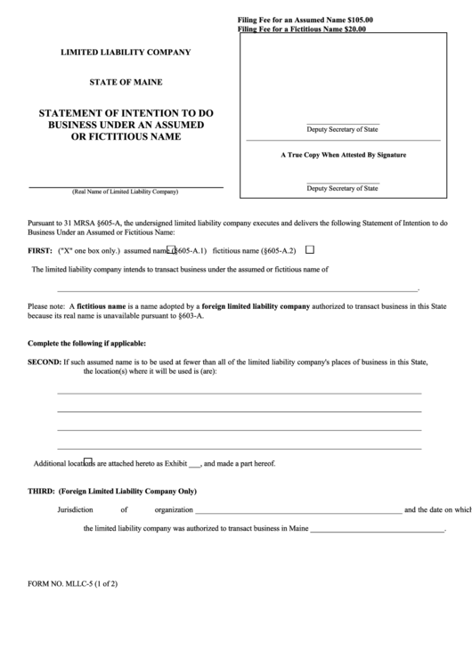 Fillable Form Mllc-5 - Statement Of Intention To Do Business Under An Assumed Or Fictitious Name - Maine Secretary Of State Printable pdf