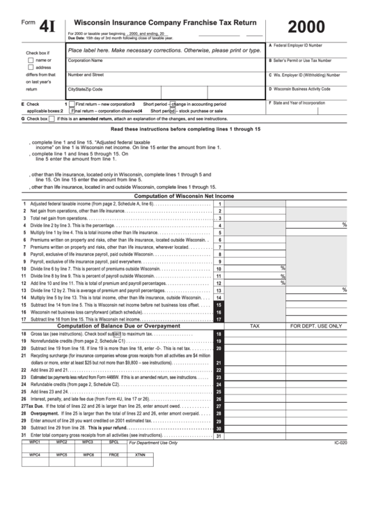 Form 4i - Wisconsin Insurance Company Franchise Tax Return - 2000 Printable pdf
