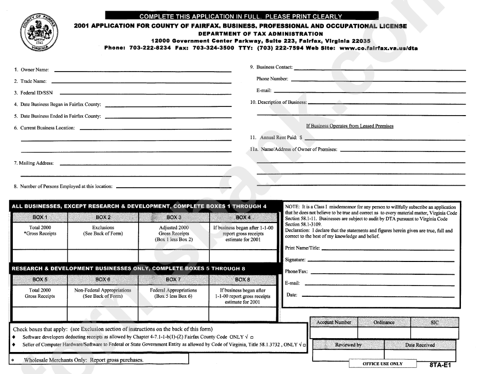Form 8ta-E1 - 2001 Application For County Of Fairfax, Business, Professional And Occupational License