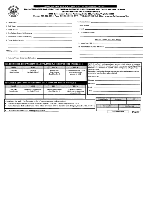 Form 8ta-E1 - 2001 Application For County Of Fairfax, Business, Professional And Occupational License Printable pdf