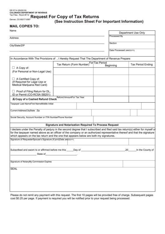 Form Dr 5714 - Request For Copy Of Tax Returns - 2016 Printable pdf