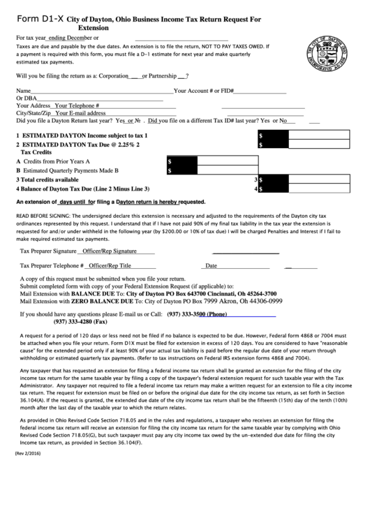 Form D1-X - City Of Dayton, Ohio Business Income Tax Return Request For Extension Printable pdf