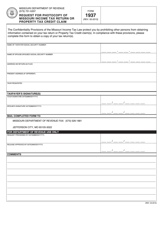 Fillable Form 1937 - Request For Photocopy Of Missouri Income Tax Return Or Property Tax Credit Claim - Missouri Department Of Revenue - 2013 Printable pdf