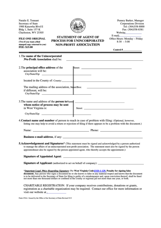 Fillable Form Una-1 - Statement Of Agent Of Process For Unincorporated Non-Profit Association - 2013 Printable pdf