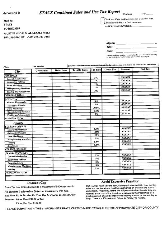 Stacs Combined Sales And Use Tax Report - Muscle Shoals Printable pdf