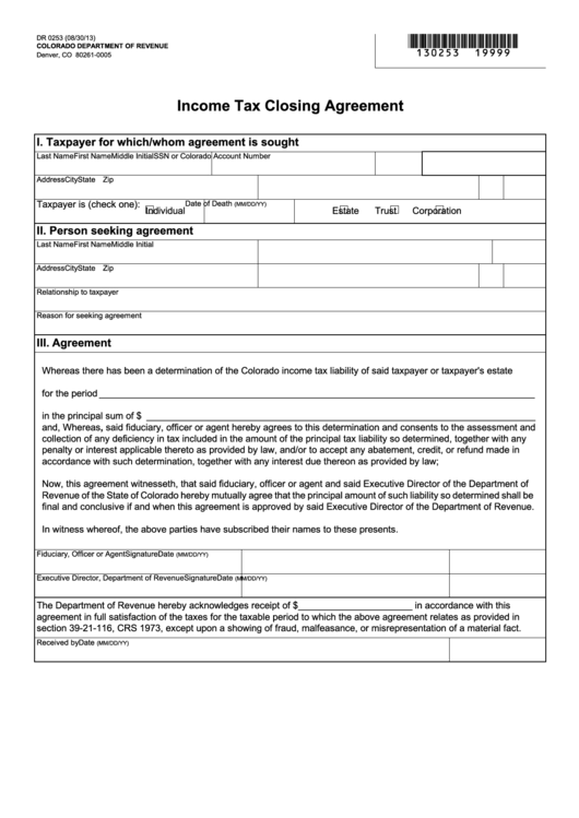 Fillable Form Dr 0253 - Income Tax Closing Agreement Printable pdf