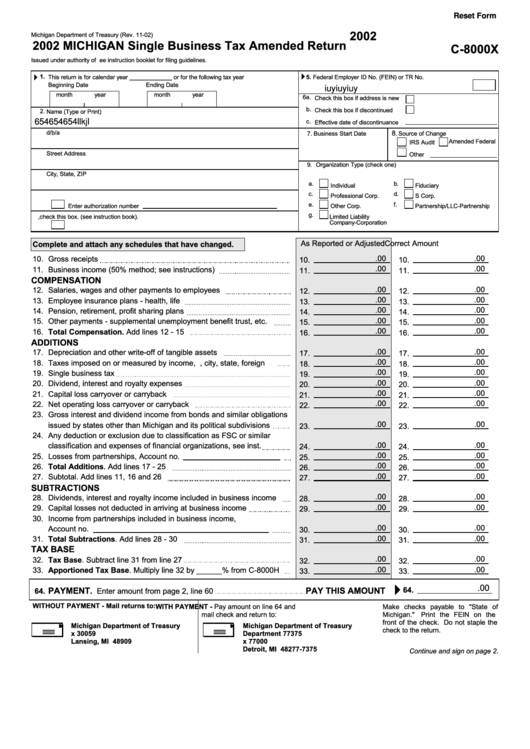 Fillable Form C-8000x - Single Business Tax Amended Return - 2002 Printable pdf
