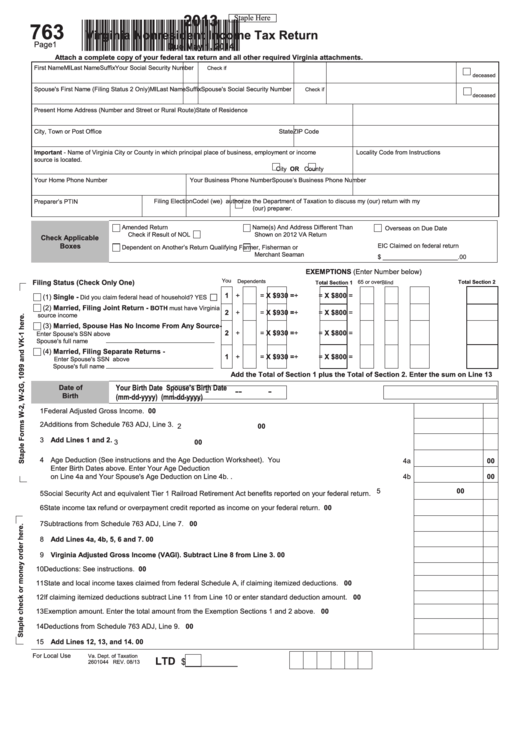 Form 763 - Virginia Nonresident Income Tax Return - 2013 Printable pdf
