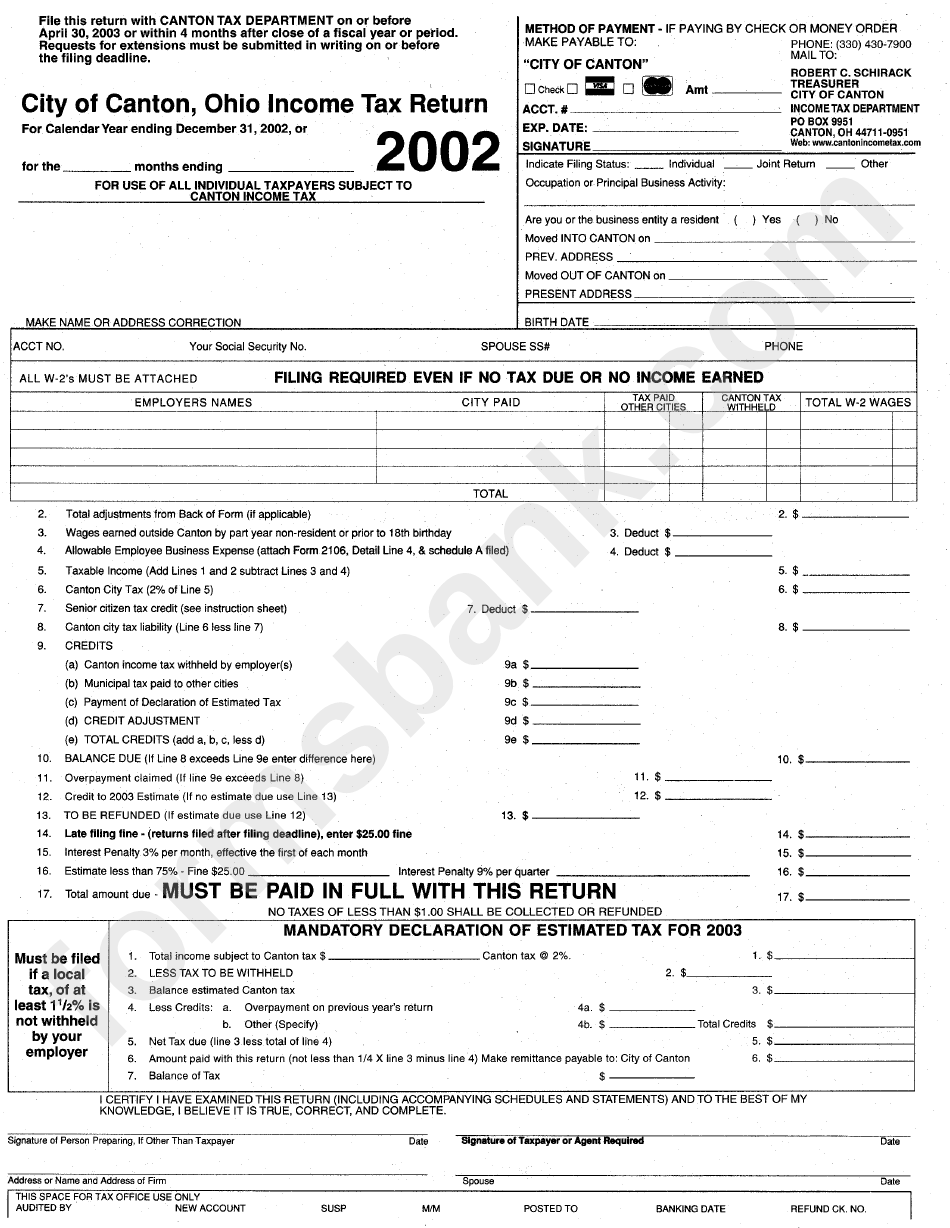 City Of Canton, Ohio Income Tax Return - 2002