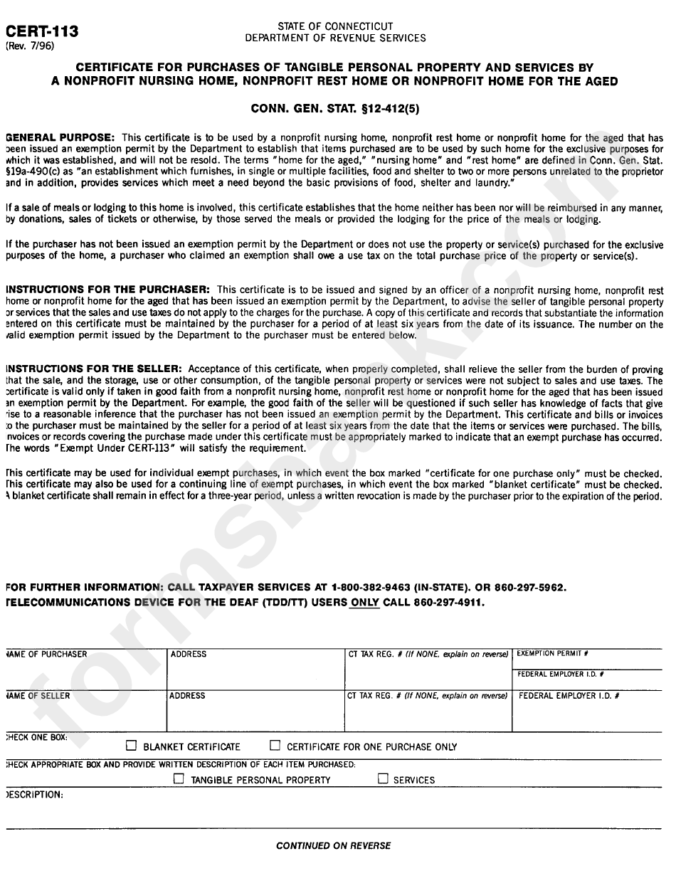 Form Cert-113 - Certificate For Purchases Of Tangible Personal Property And Services By A Nonprofit Nursing Home, Nonprofit Rest Home Or Nonprofit Home For The Aged