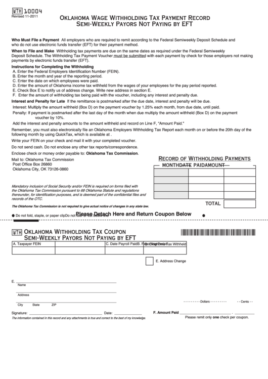 Fillable Form Wth10004 - Oklahoma Wage Withholding Tax Payment Record Semi-Weekly Payors Not Paying By Eft Printable pdf