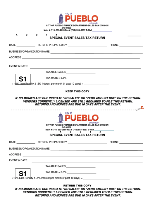 Form S1 - Special Event Sales Tax Return - City Of Pueblo Printable pdf
