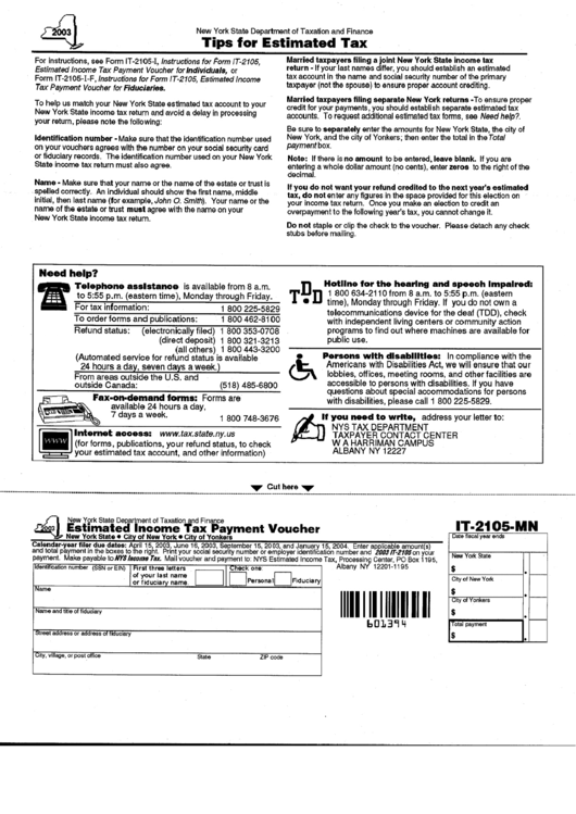 Fillable Form It-2105-Mn - Estimated Income Tax Payment Voucher - 2003 Printable pdf
