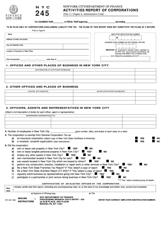 Form Nyc 245 - Activities Report Of Corporations - 1999 Printable pdf