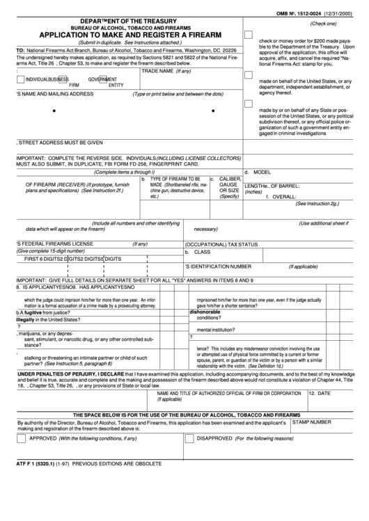 Form Atf F 1 (5320.1) - Application To Make And Register A Firearm