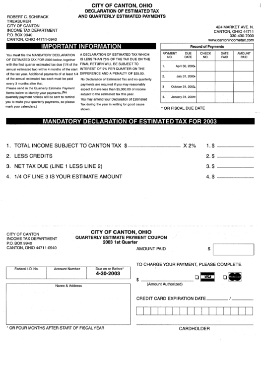 Declaration Of Estimated Tax And Quarterly Estimated Payment - City Of Canton Printable pdf