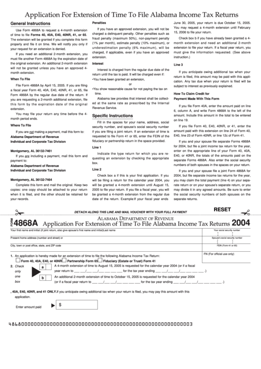 Form 4868a - Application For Extension Of Time To File Alabama Income Tax Returns - 2004
