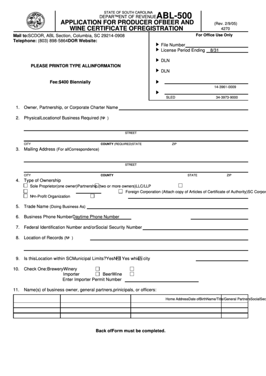 Form Abl-500 - Application For Producer Of Beer And Wine Certificate Of Registration And Form Abl-569 - Beer And Wine Producers Authorization Of Wholesalers And Brands Printable pdf
